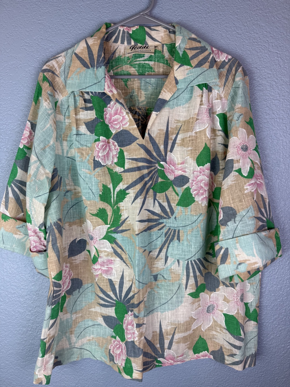 Vintage Teddi Shirt Womens Large Beige Green Pink Floral Print Hawaiian 90s Top
